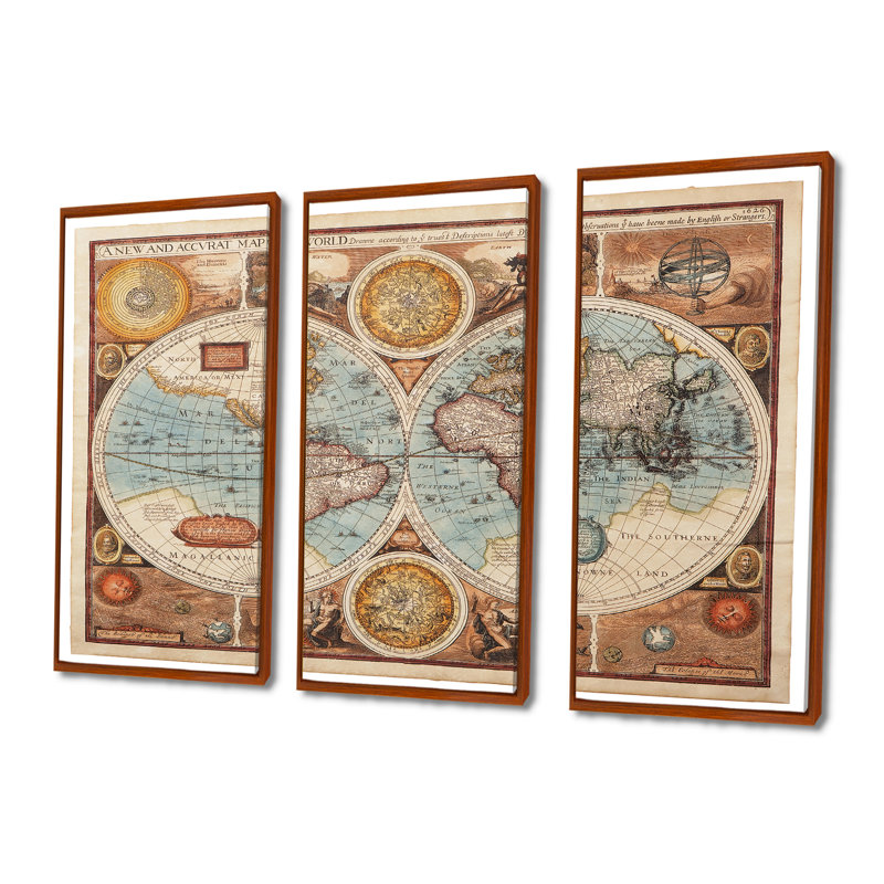 Ancienne carte du monde, impression sur toile, cadre flottant 3 pièces, L 48 po x H 32 po, Brun