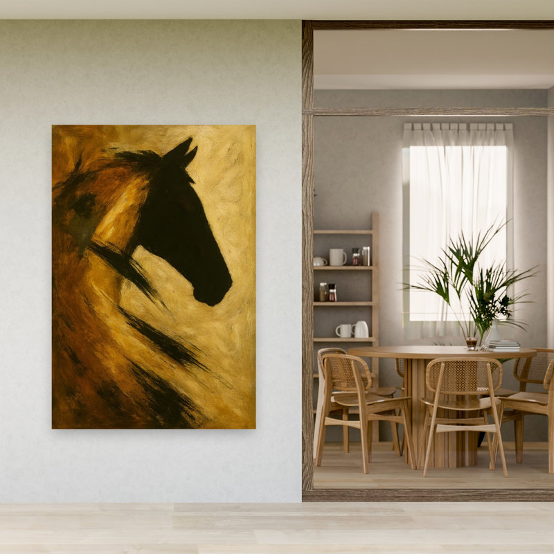 Art doré abstrait cheval contemporain, 60" H x 40" W