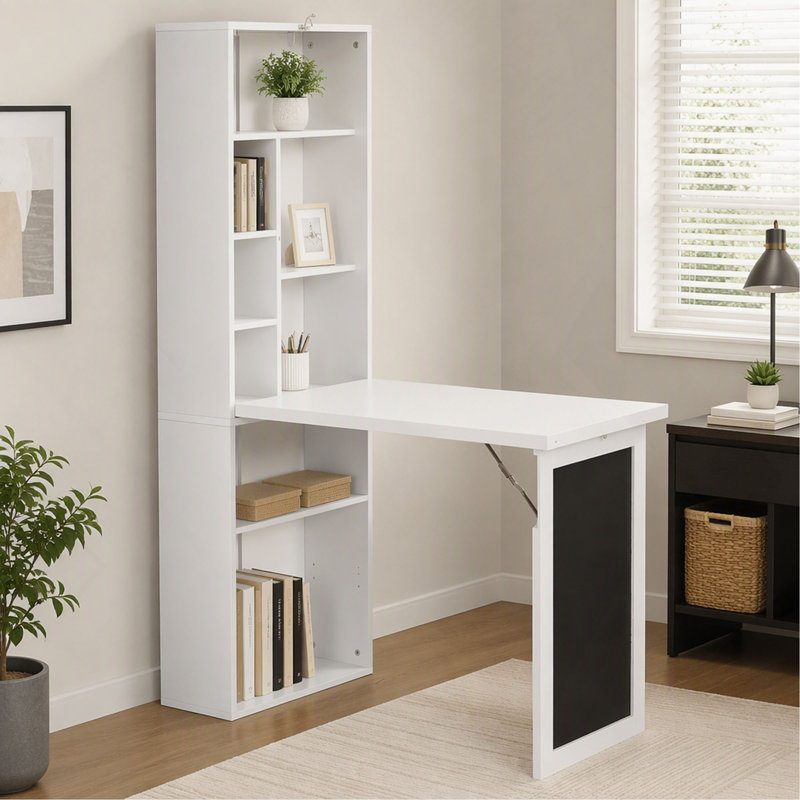 Armoire de bureau murale pliable, avec tableau noir et tablette latérale, peu encombrante, Blanc