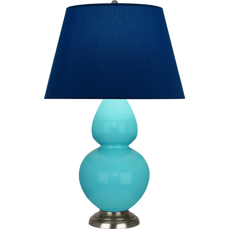 Lampe de table double gourde en céramique, Bleu œuf émaillé / argent antique, Bleu marine/gris, Argent argent