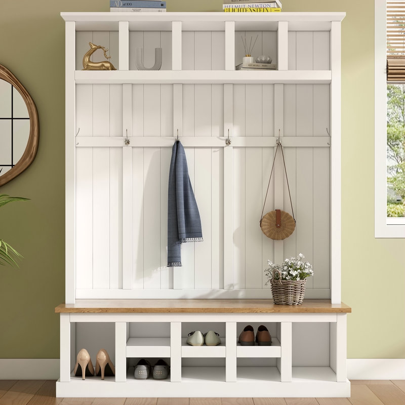 Farmhouse Wooden Style 78''H Modern Hall Tree with Wide Storage Seating Bench, Entryway Shoe Cabinet with 13 Compartments
