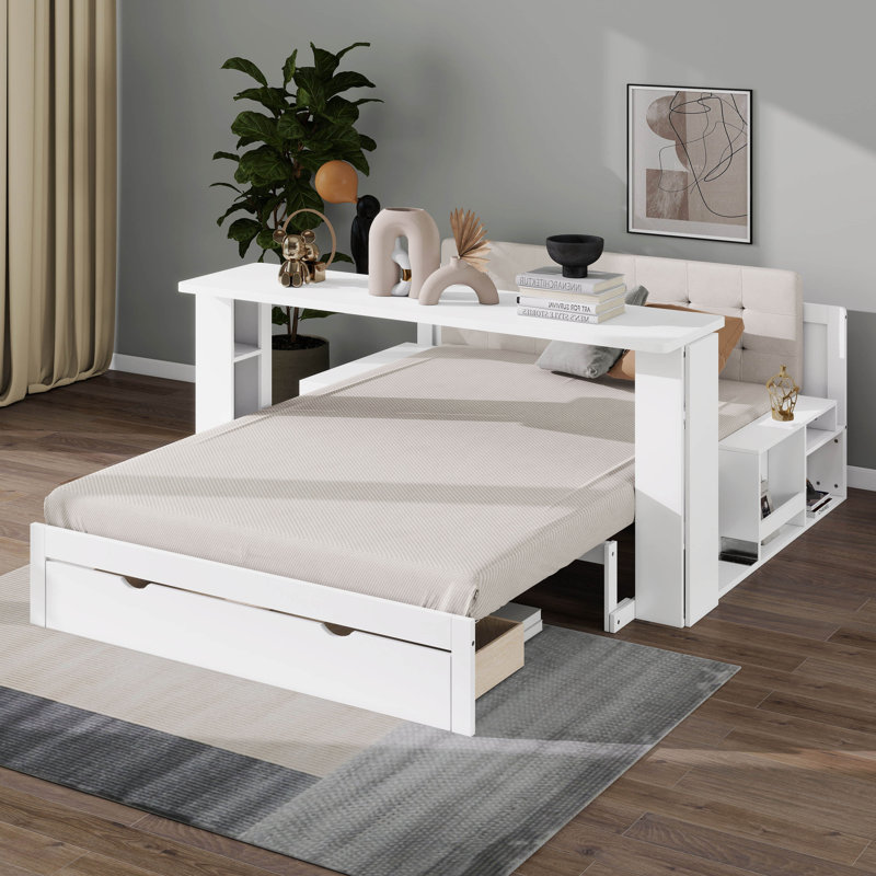 Daybed With Removable Desk, Storage Drawers & Hydraulic Side Table - Multifunctional Sofa Bed Combo, Full, White