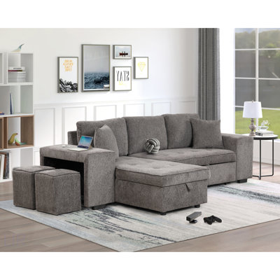 Ensemble de canapé modulaire réversible moderne en L à 3 places, canapé-lit escamotable avec méridienne de rangement et 2 tabourets pour le salon