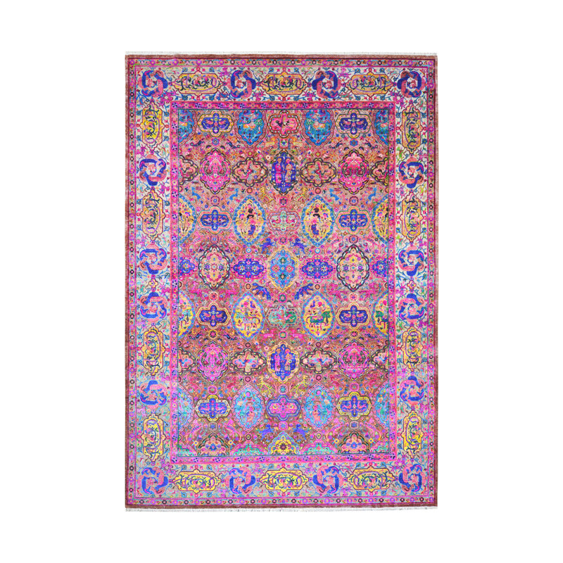 Tapis transitionnel en soie et laine noué à la main 9 pi 7 po x 14 pi Collection Bijmi