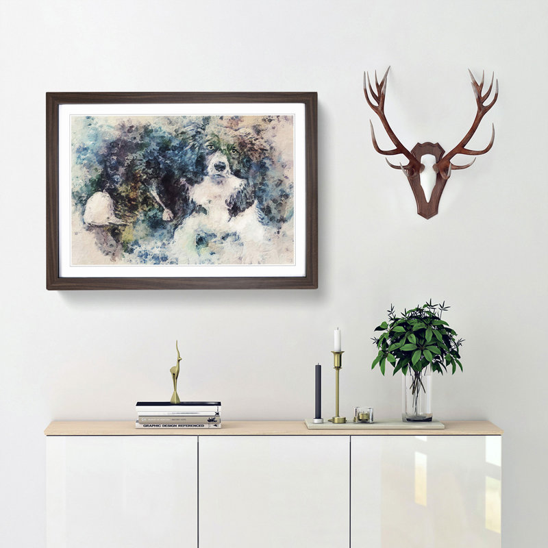 Resting Border Collie Dog in Abstract - Picture Frame Painting Print, Walnut Framed, 36cm H x 48cm W x 2cm D