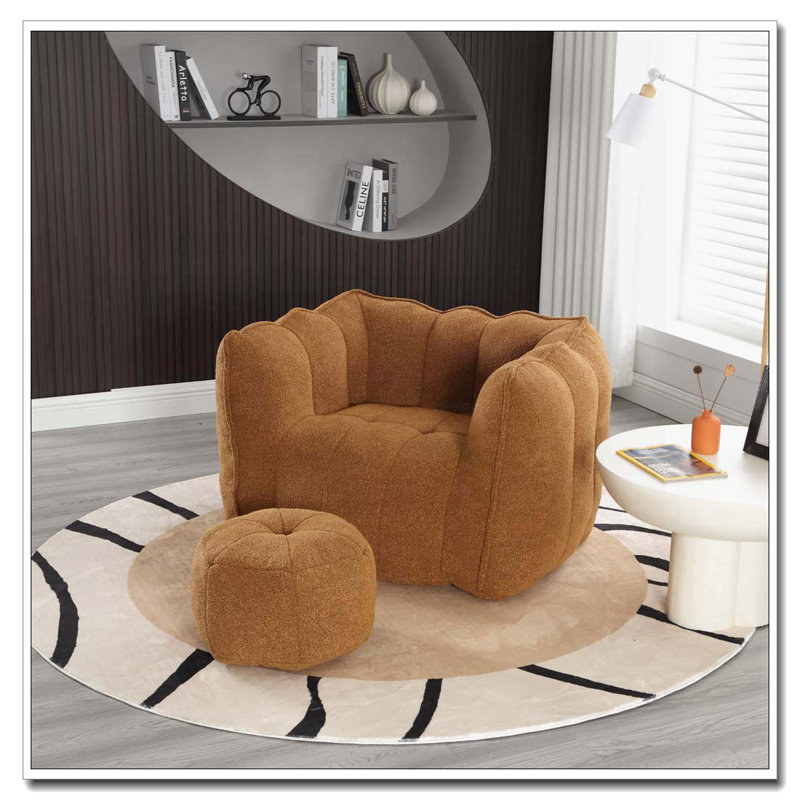 Chenille Upholstered Bean Bag Chair with Ottoman, Khaki Yellow