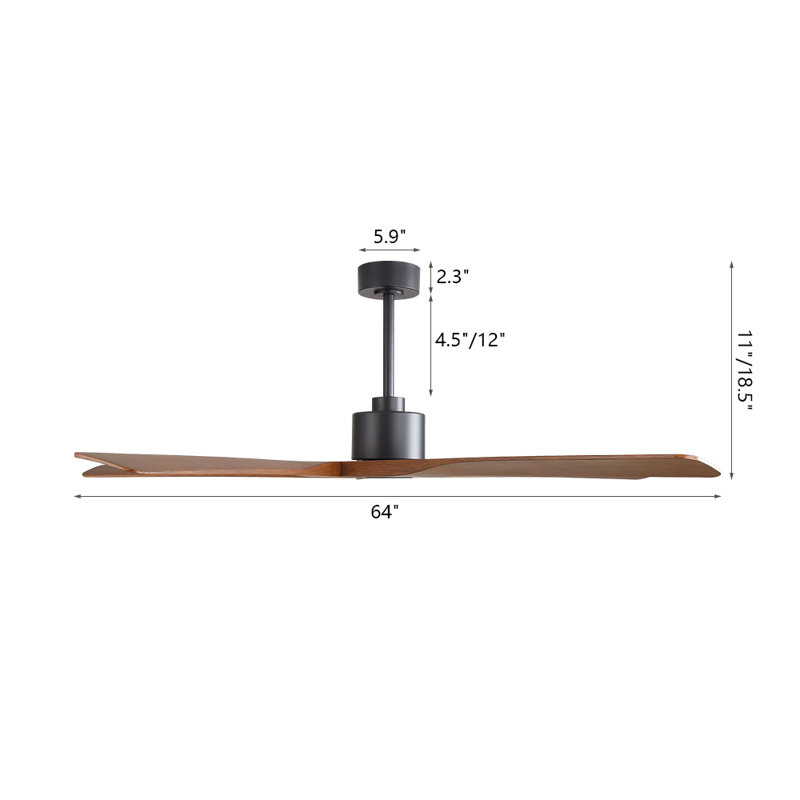 Ventilateur de plafond à 5 pales ABS sans lumière, 64", Noir mat, Noyer