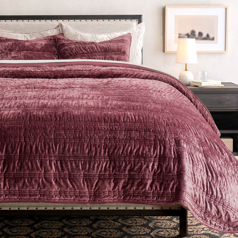 Ruched Crushed Velvet Quilt Set, Burgundy, Queen Quilt  + 2 Queen Shams