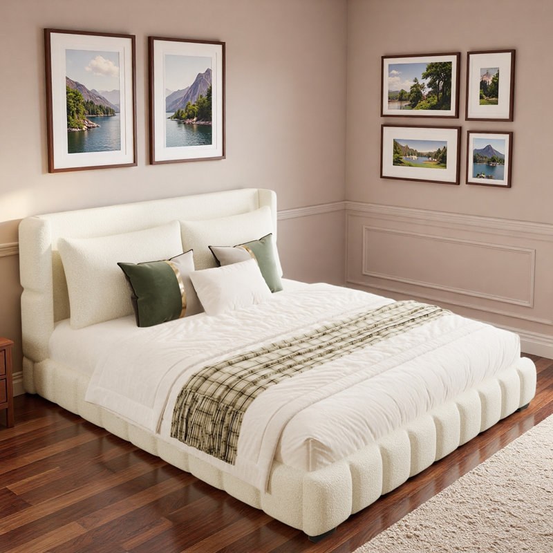 Lit plateforme tapissier avec 2 coussins et pieds robustes, Blanc, Grand lit