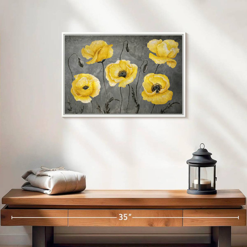 Coquelicots jaunes, Cadre flottant blanc, 19 po x 13 po