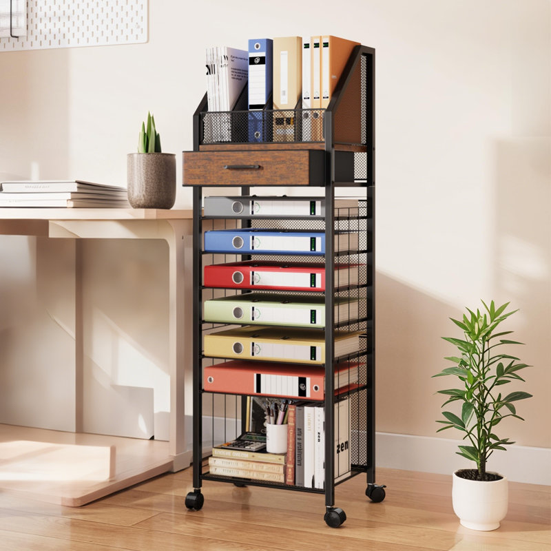 9-Tier Rolling File Organizer With Upright Trays & Drawer - Modern Office Paper Storage Cart With Mesh Shelves