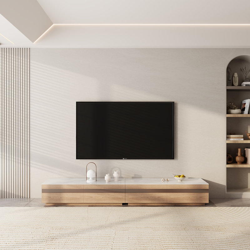 Modern Light Wood TV Stands, Stone Table-top, 3-6 Drawers, Fully Assembled, 94.5"