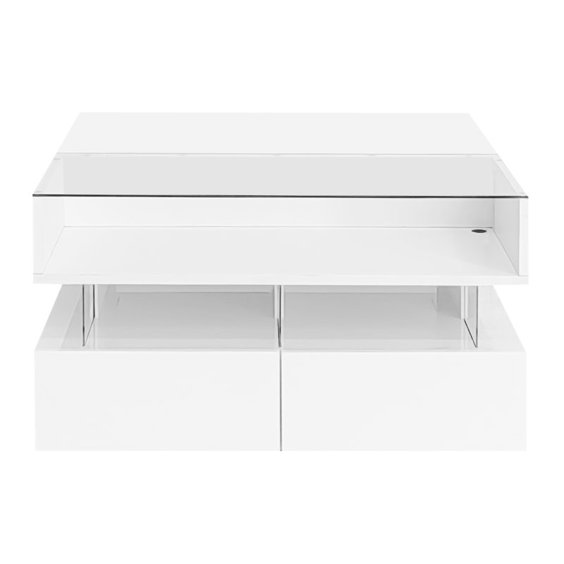 Lift-Top Coffee Table with 2 Drawers, Modern Square Design with Glass Top and High-Gloss Finish, Hidden Storage and LED Lights for Living Room