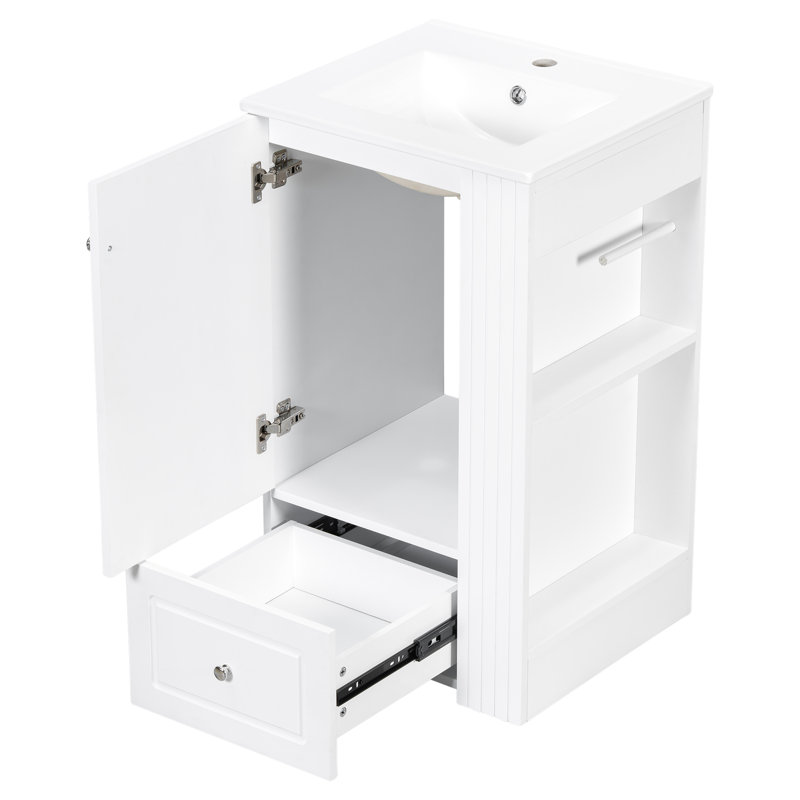 Meuble-lavabo blanc peu encombrant avec lavabo en céramique, rangement moderne pour les salles de bain compactes