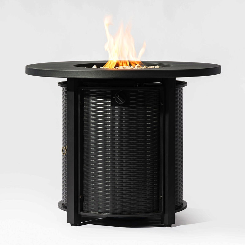 Round Steel Fire Pit Table With Steel Lid And Lava Rocks