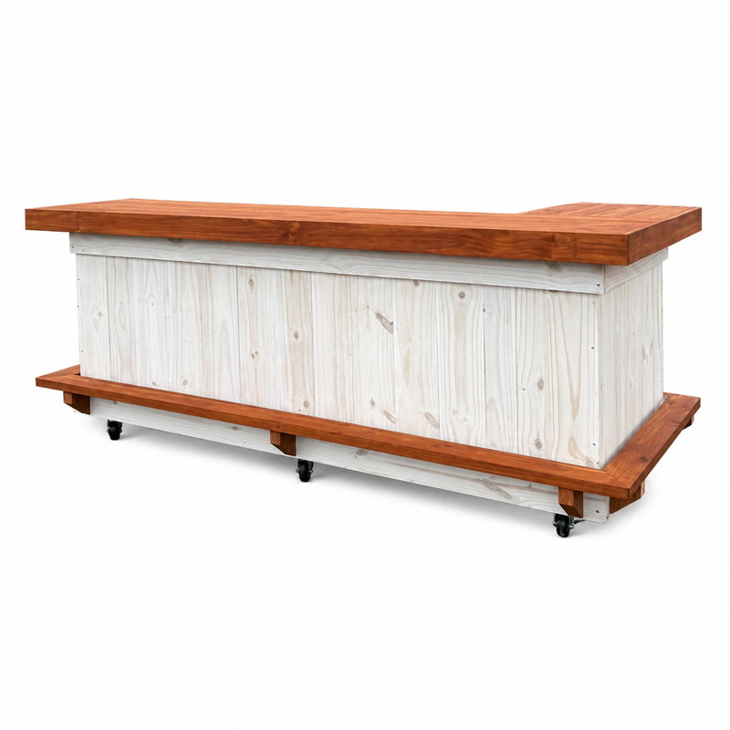 7 Ft L-shaped Wooden Bartender Station With 2 Shelves, Full Footrest, Stained Top