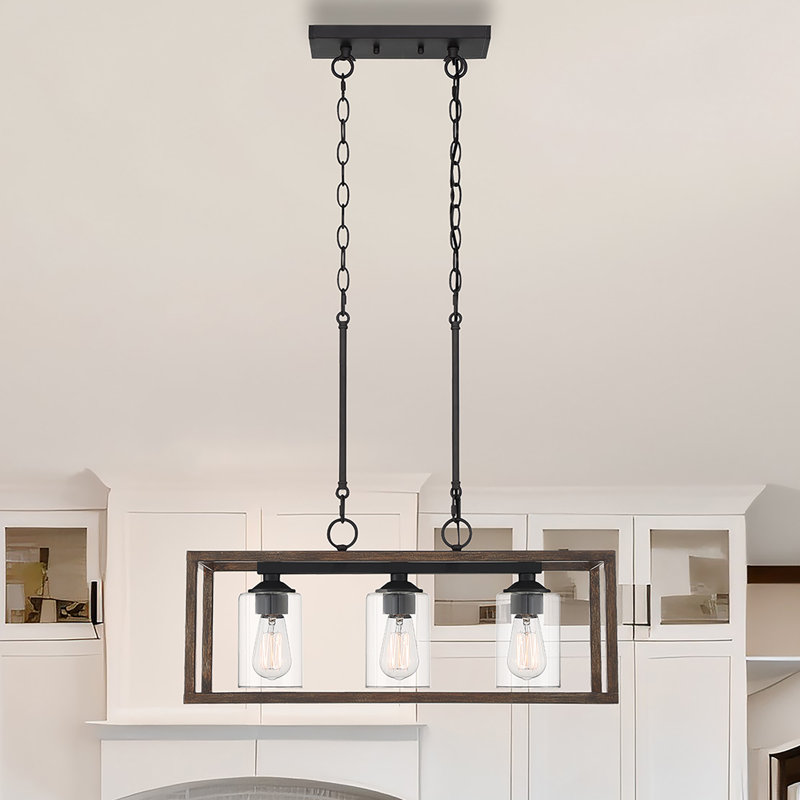 3 - Light Kitchen Island Rectangle Chandelier, Weathered Walnut