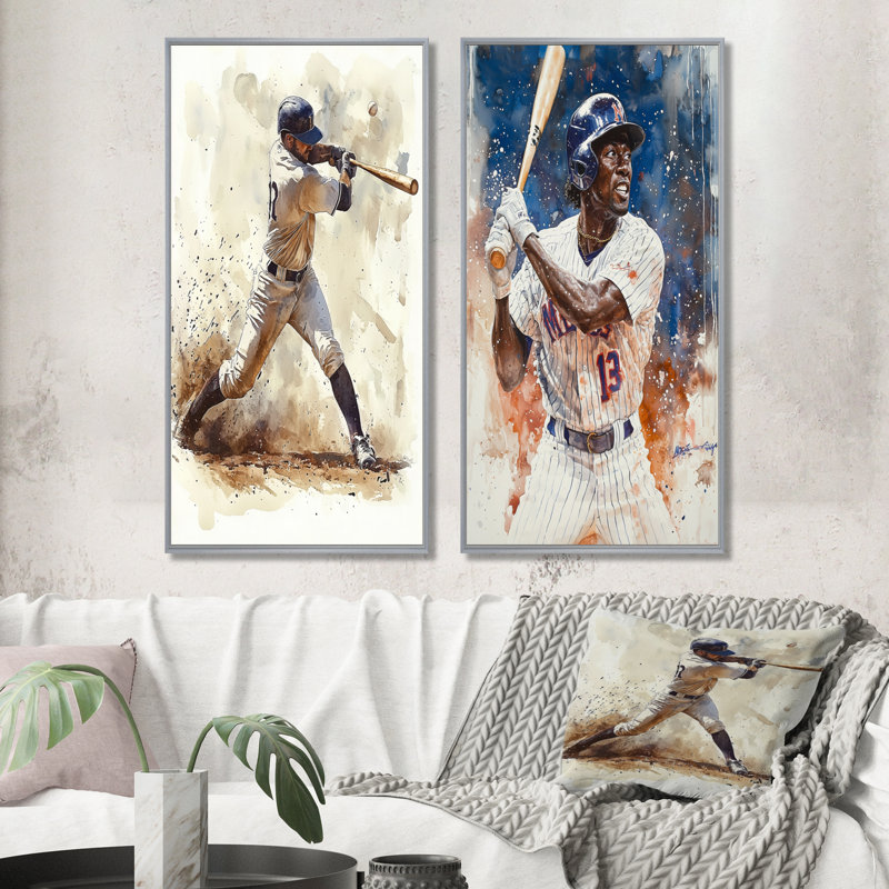 Joueur de baseball blanc sur le terrain I - ensemble d'art mural de baseball sport 2 pièces, H 32 po x l 32 po, Argent argent