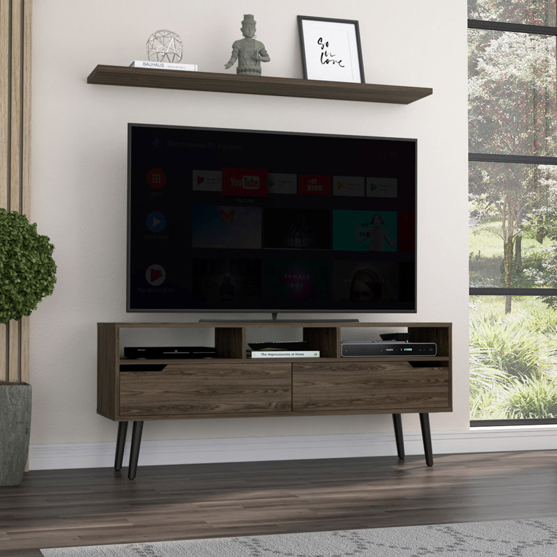 Tv Stand For TV´S Up 51", Two  Drawers, Four Legs, Three Open Shelves, Brown