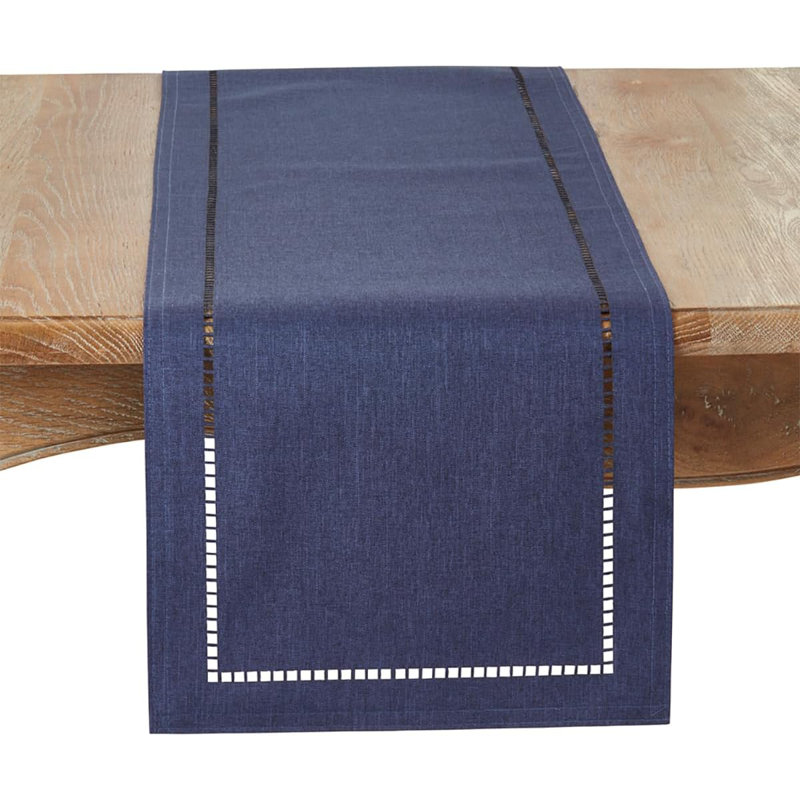 Laser-Cut Hemstitch Design Solid Color Table Runner 14" W, 90" L x 14" W, Navy Blue