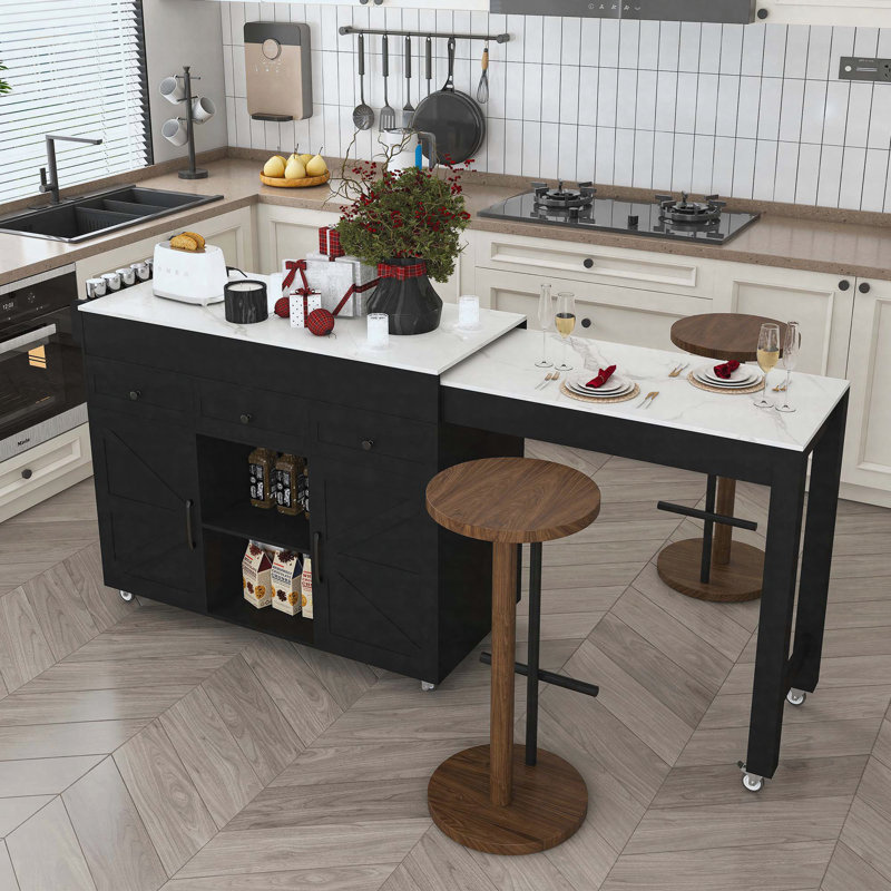 Îlot de cuisine 74,8 po avec table de salle à manger extensible, plateau en placage de marbre et prise de courant intégrée - Chariot de rangement mobile avec 3 tiroirs et armoire, chariot de cuisine roulant pour la salle à manger, noir