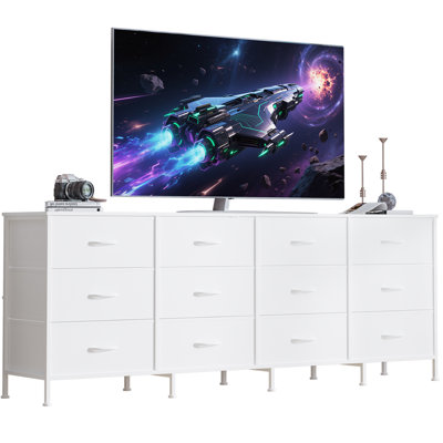 Modern 70 Inch Dresser & TV Stand with 12 Fabric Drawers, Charging Station – Large Storage Chest & Entertainment Center for Bedroom, Living Room, Entryway, White Color