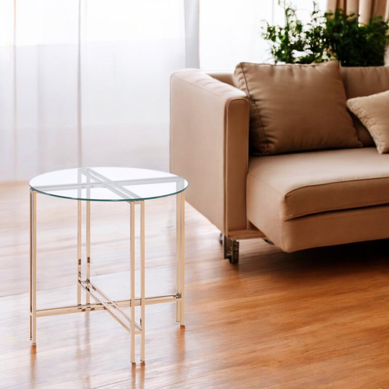 Table de bout Veises avec plateau en verre transparent et finition champagne