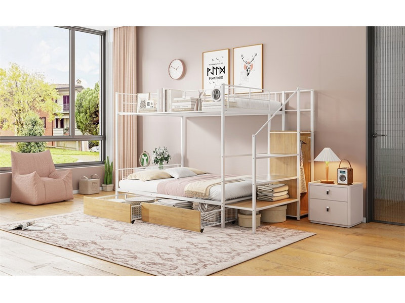 Lit superposé simple au-dessus d'un lit double en métal avec tiroir et échelle de rangement, robuste et amp; Peu encombrant (L 92,8 po x l 56 po x H 67 po)