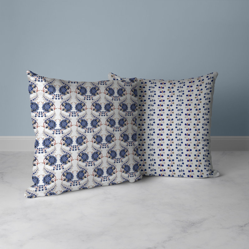 Coussin décoratif botanique intérieur / extérieur Botanical Bouquet, H 18 po x l 18 po, Bleu / orange / multicolore