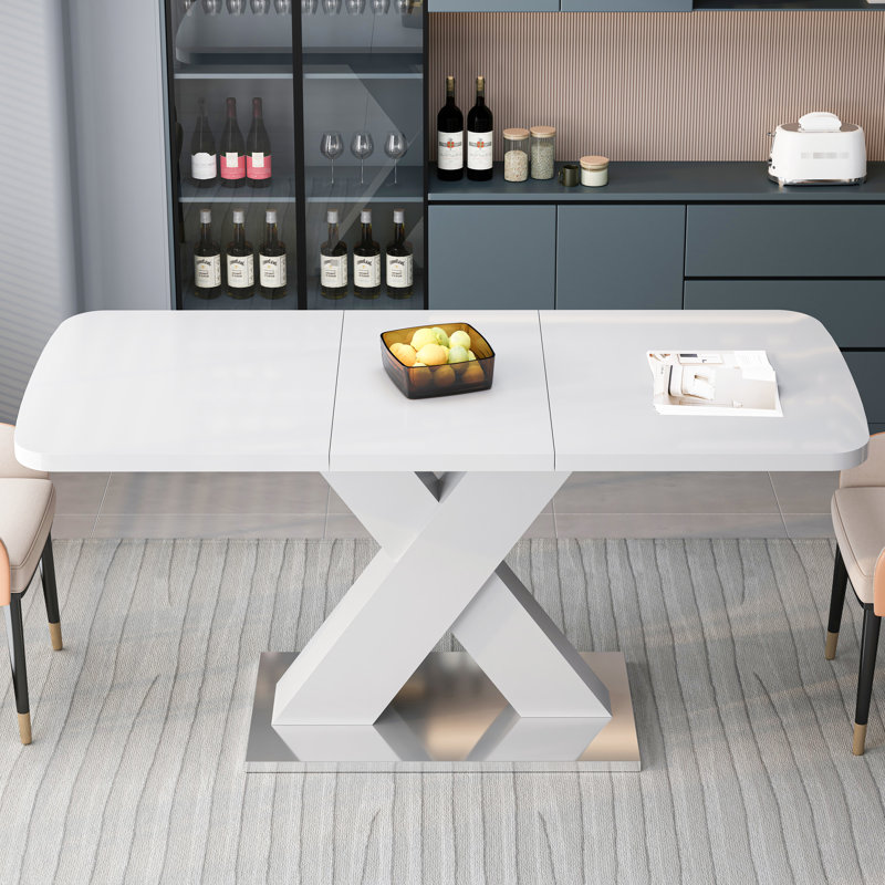 Table de salle à manger carrée blanche de style moderne, plateau extensible avec base en métal, table de salle à manger de 89,67 lb et structure en acier, H 29,42 po de hauteur