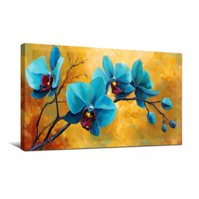 Plantes et fleurs d'orchidées bleues sur fond chaud, H 20 po x l 40 po