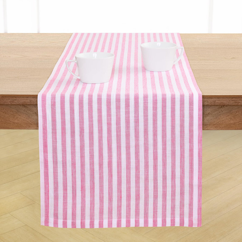 Amalfi Stripe - 100% Pure Linen Table Runner, 60" x 14", Pink/White