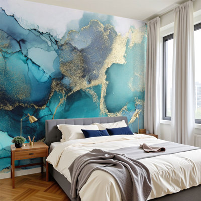 Peel and Stick Wallpaper Teal Alcohol Ink Fluid Wall Murals 100"H x 144"W Removable PVC Wall Paper Self-Adhesive Wall Paintings Art Decor for Bedroom Living Room