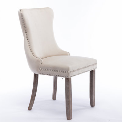 Sumdeal Set of 2 Beige Velvet Upholstered Nailhead-Trim High-Back Dining Chairs with Solid Wood Frame