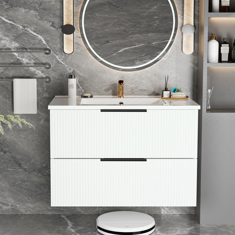 Meuble-lavabo mural avec lavabo et 2 tiroirs, Blanc mat, 30"