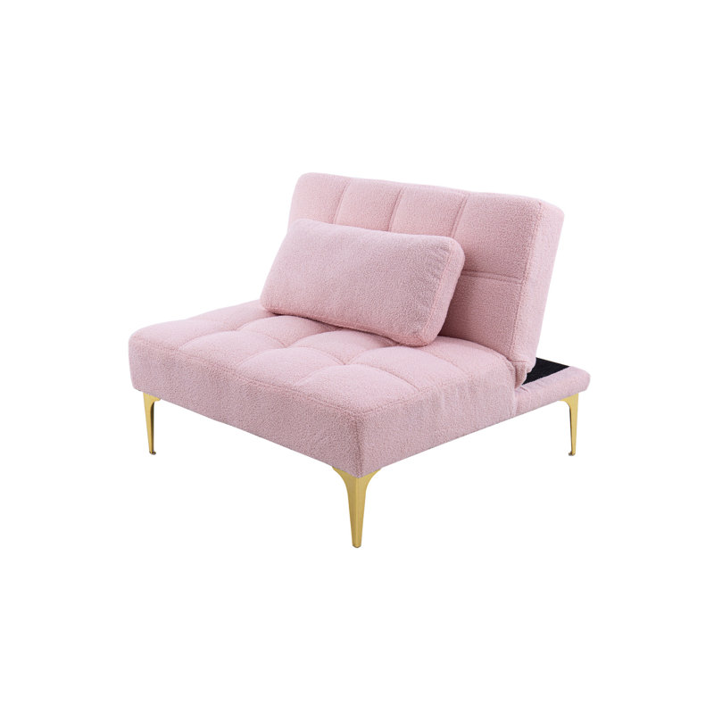 Convertible Single Sofa Bed Futon With Gold Metal Legs Teddy Fabric (Pink)