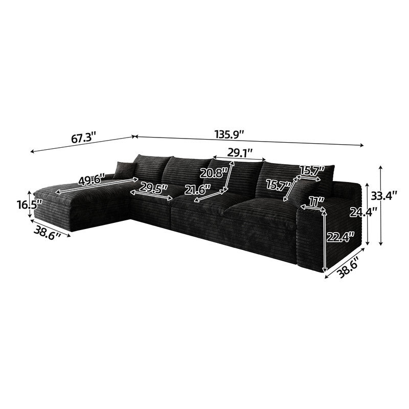 Ensemble de canapé modulaire de luxe avec bourre en plumes et tissu en velours côtelé, Velours côtelé noir