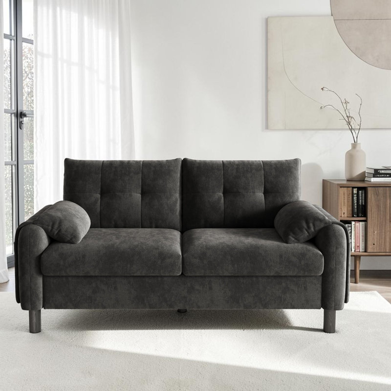 Chenille 2-Seater Sofa with Soft Cushioned Seat, Pillow-Style Armrests and Side Storage Pocket, Space-Saving Design, Grey