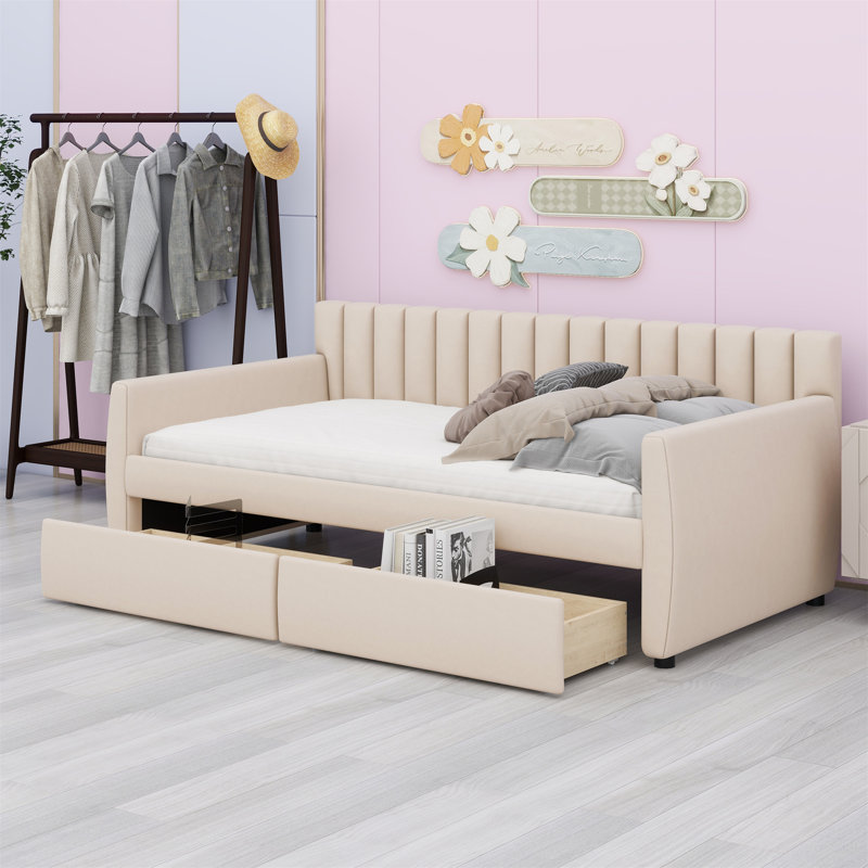 Lit de jour rembourré avec tiroirs, Beige