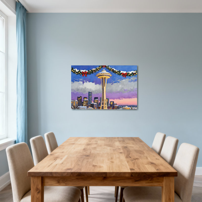 Guirlande de Noël de Noël à l'horizon de Seattle, vue de nuit, H 28 po x l 40 po