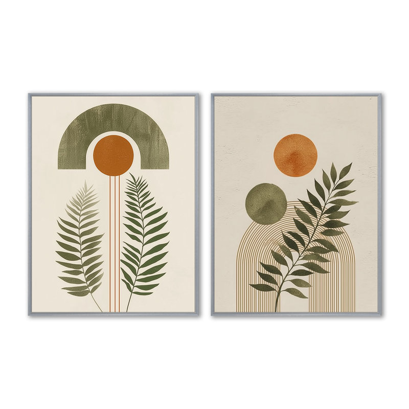 Art mural moderne orange et vert - formes modernes Mid-Century 2 pièces, H 32 po x l 48 po, Encadrement argenté