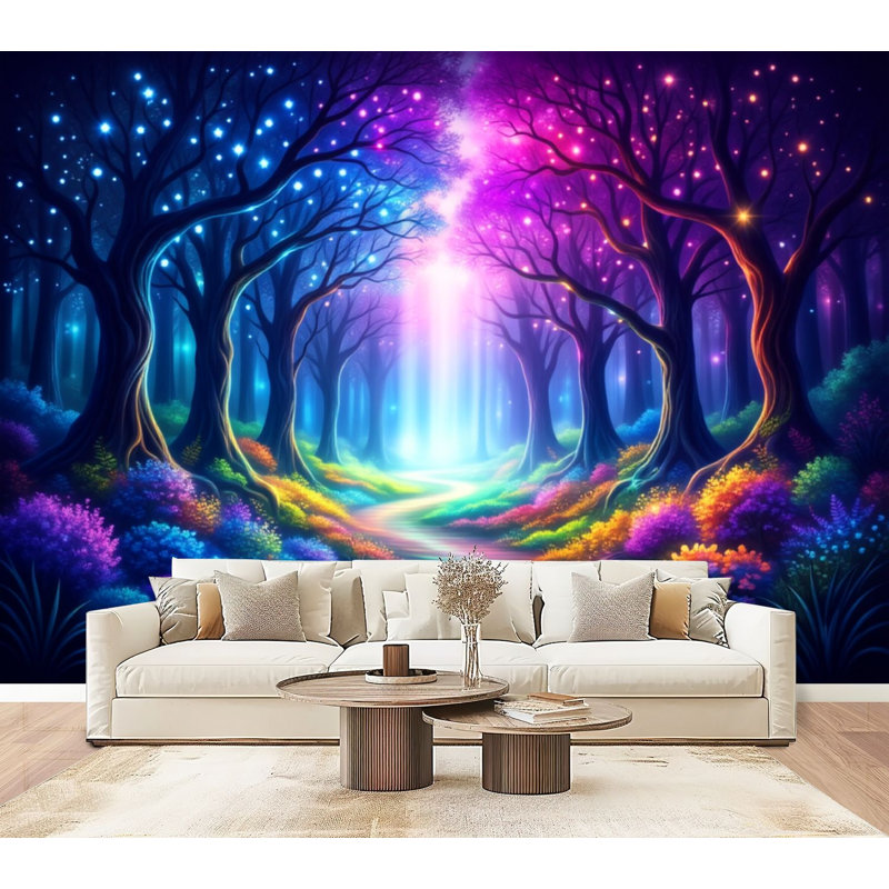 Papier peint auto-adhésif Forest Magical Colours Starry Trees Woodland Fantasy Wall H 69 po x l 96 po amovible en papier peint adhésif mural pour chambre à coucher, bureau à domicile, bureau