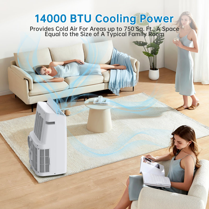 Climatiseur portatif, ventilateur de déshumidificateur 3-en-1 à courant alternatif 14 000 BTU, silencieux avec télécommande et affichage à DEL, auto-évaporant, trousse d'installation facile pour fenêtre et roues pour le garage, blanc
