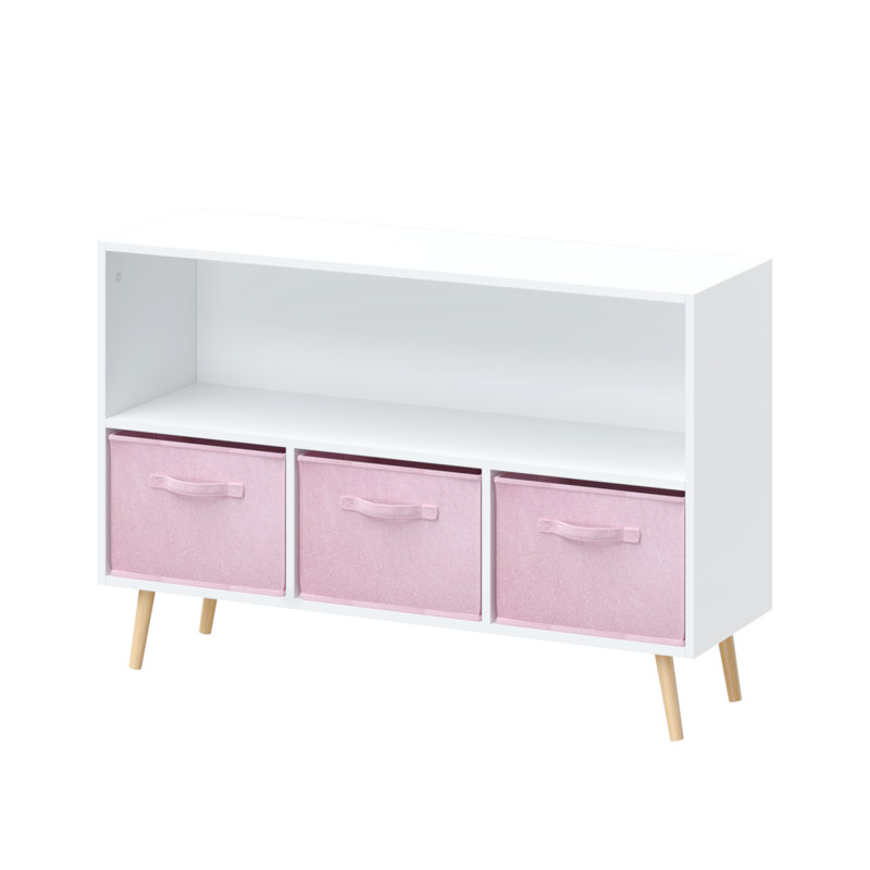 Bibliothèque pour enfants avec tiroirs pliables en tissu, parfaits pour organiser des livres et des jouets, blanc / rose