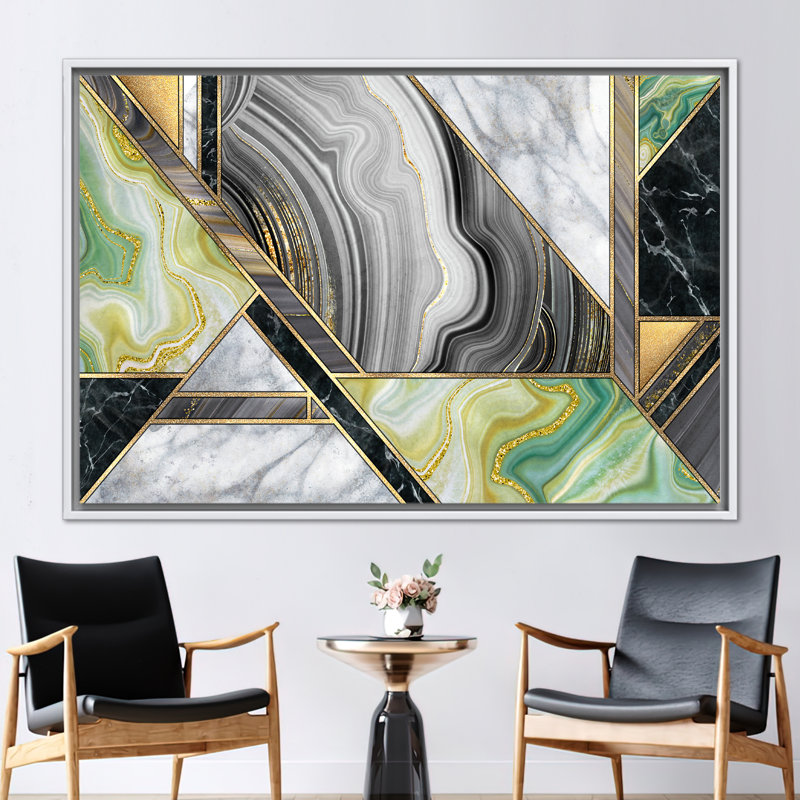 Art abstrait sur toile à l'encre abstraite alcoolisée en gris et vert - affiche murale décorative moderne en marbre scintillant