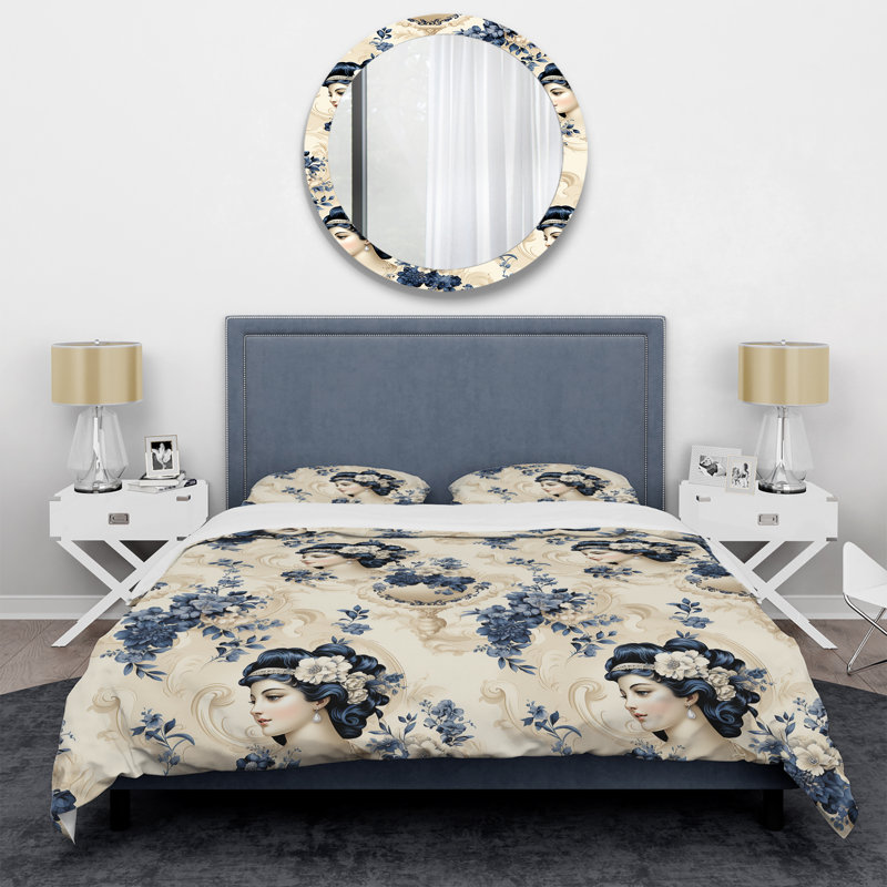 Literie camée bleu et beige victorienne, Housse de couette pour très grand lit et 2 très