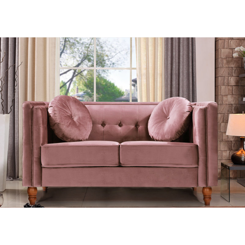Eveland 58.3" Velvet Tuxedo Arm Chesterfield Loveseat, Rose Velvet