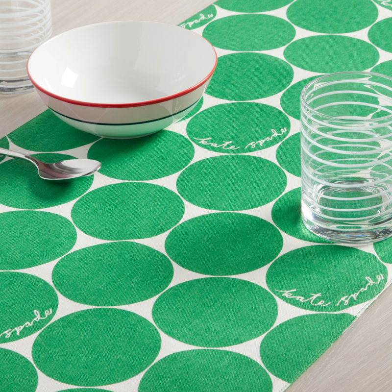 Loop And Dot Geometric Table Runnner, Green/White, 108" x 15"