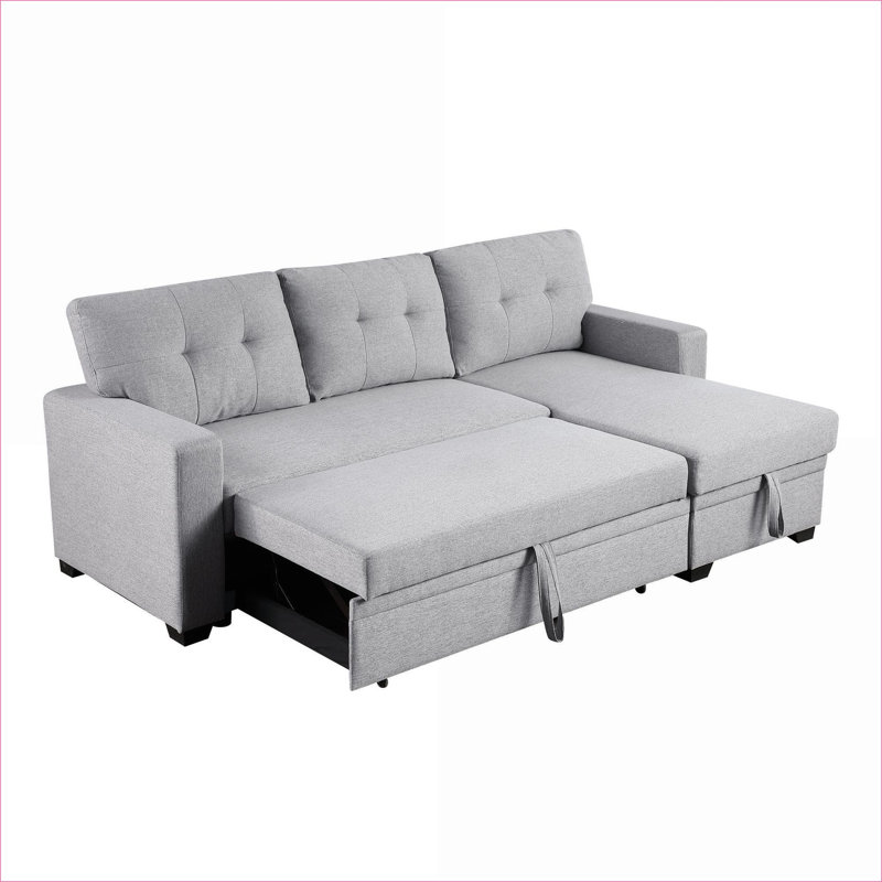 Sectional Sofa Pull-Out Sleeper with Storage Chaise &amp; Removable Cushions | Light Gray | Linen, Light Gray Linen