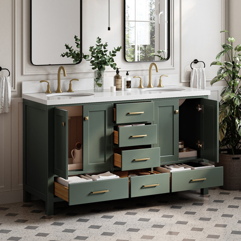 Meuble-lavabo double autoportant 67 po avec plateau en marbre Cambridge, Oval, Gris / Nickel brossé